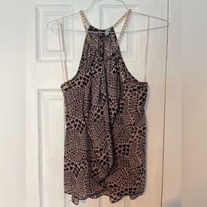 Charlotte Russe pink tank top, black pattern, gold chain, size medium